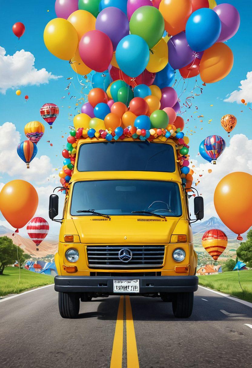 A whimsical scene depicting a cheerful delivery truck adorned with colorful balloons and confetti, navigating through a vibrant international landscape filled with playful elements like smiling globes and joyful characters from different cultures exchanging packages. Incorporate elements of travel, like a dotted line representing a journey across a map, with laughter visually represented through animated sound waves. cartoonish style. bright colors. dynamic composition.