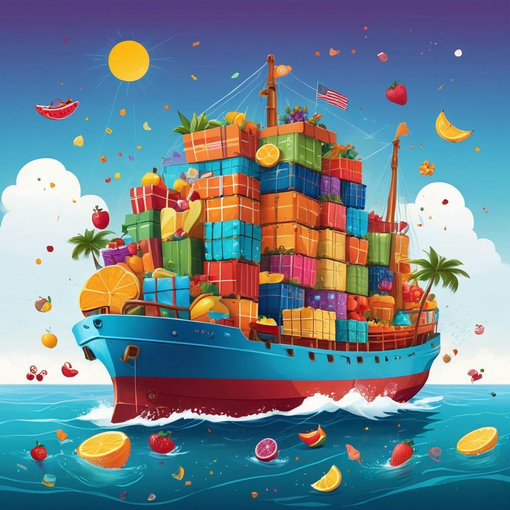 A colorful illustration of a cargo ship filled with vibrant, smiling products like fruits and gifts, sailing across a whimsical ocean. Surround it with cheerful landscapes from different cultures to showcase international trade. Integrate elements of joy, such as confetti raining down and happy characters waving goodbye from the docks. Ensure the colors are bright and inviting, highlighting the concept of cheerful global commerce. cartoon style. vibrant colors. playful atmosphere.