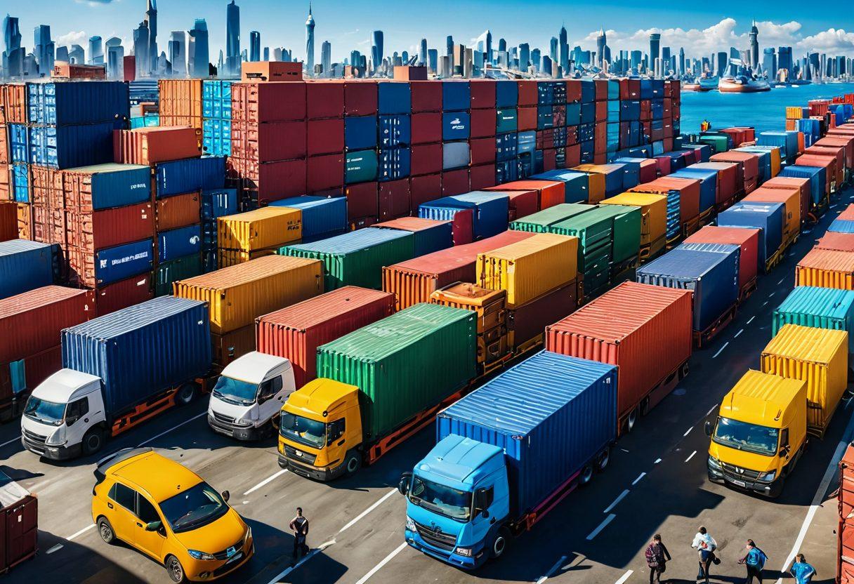 A vibrant scene depicting a bustling marketplace with cheerful traders engaging with satisfied customers, showcasing colorful shipping containers and packages being loaded onto bright transport vehicles. In the background, a sunlit skyline symbolizes growth and progress in trade. Elements of connectivity and teamwork, such as diverse groups collaborating and using modern technology, enhance the shipping experience. super-realistic. vibrant colors. 3D.
